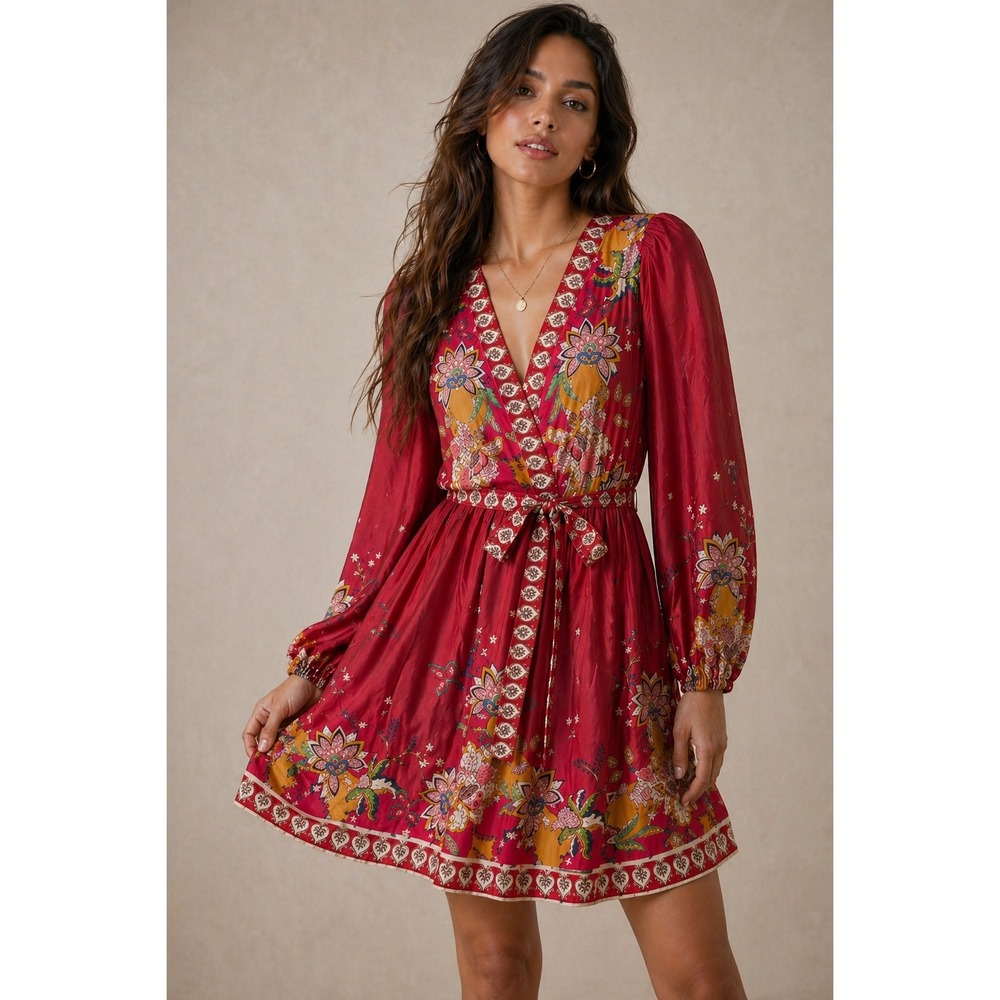 ANTONIO MELANI Red Floral Long Sleeve Boho Dress, Size 0, New with tags